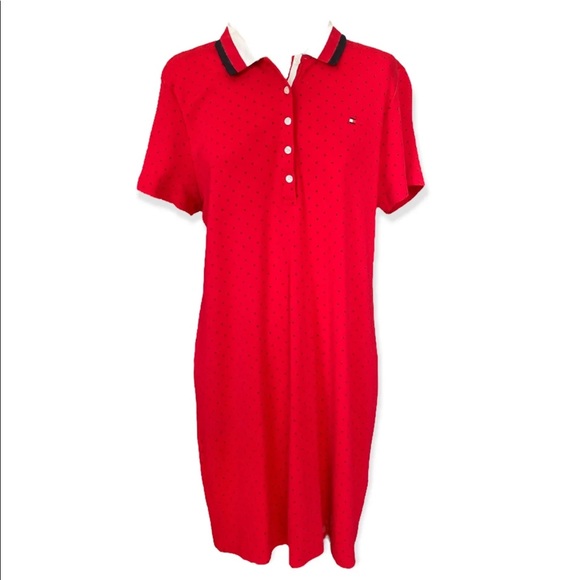 Tommy Hilfiger Shirt Dress Large Red Polka Dots Collared Polo Short Buttons - Picture 2 of 6